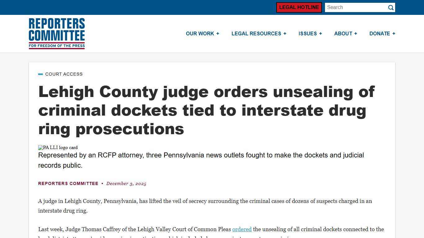 Lehigh County judge orders unsealing of criminal dockets tied to interstate drug ring prosecutions