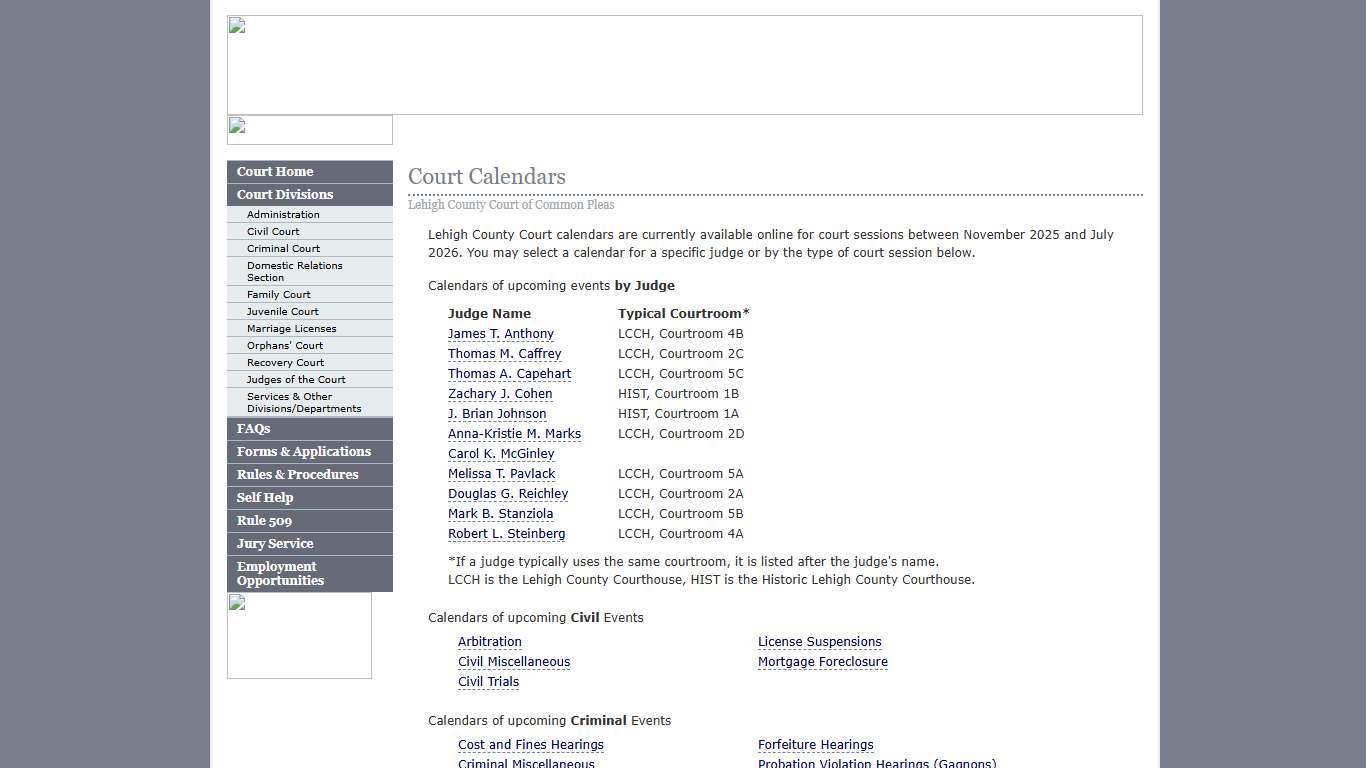 Court Calendars :: Lehigh County Court of Common Pleas